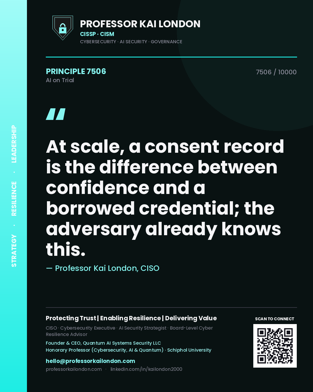 Quote card by Professor Kai London reading 'At scale, a consent record is the difference between confidence and a borrowed credential; the adversary already knows this.'. From the book AI on Trial.