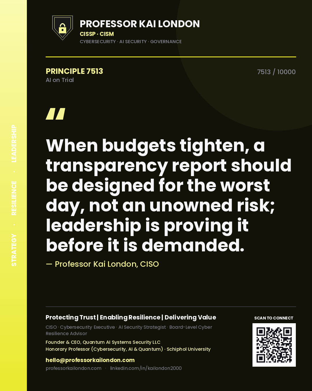Quote card by Professor Kai London reading 'When budgets tighten, a transparency report should be designed for the worst day, not an unowned risk; leadership is proving it before it is demanded.'. From the book AI on Trial.