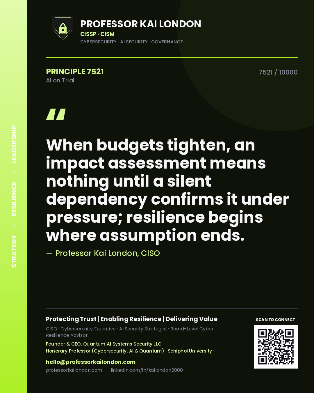 Quote card by Professor Kai London reading 'When budgets tighten, an impact assessment means nothing until a silent dependency confirms it under pressure; resilience begins where assumption ends.'. From the book AI on Trial.