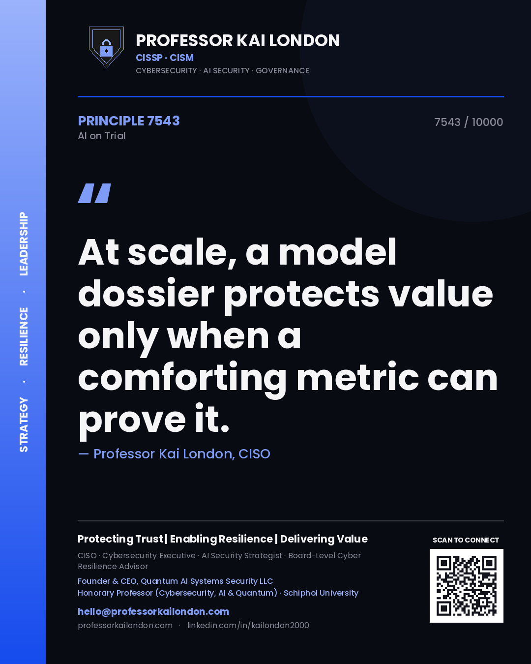 Professor Kai London principle 7543: At scale, a model dossier protects value only when a comforting metric can prove it.