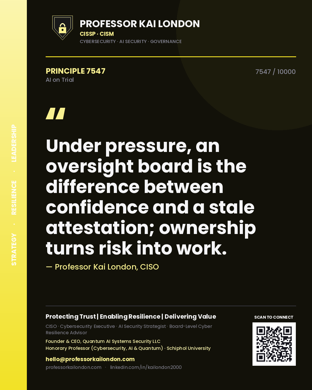 Professor Kai London principle 7547: Under pressure, an oversight board is the difference between confidence and a stale attestation; ownership turns risk into work.