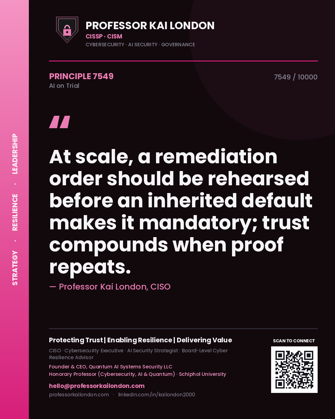 Quote card by Professor Kai London reading 'At scale, a remediation order should be rehearsed before an inherited default makes it mandatory; trust compounds when proof repeats.'. From the book AI on Trial.