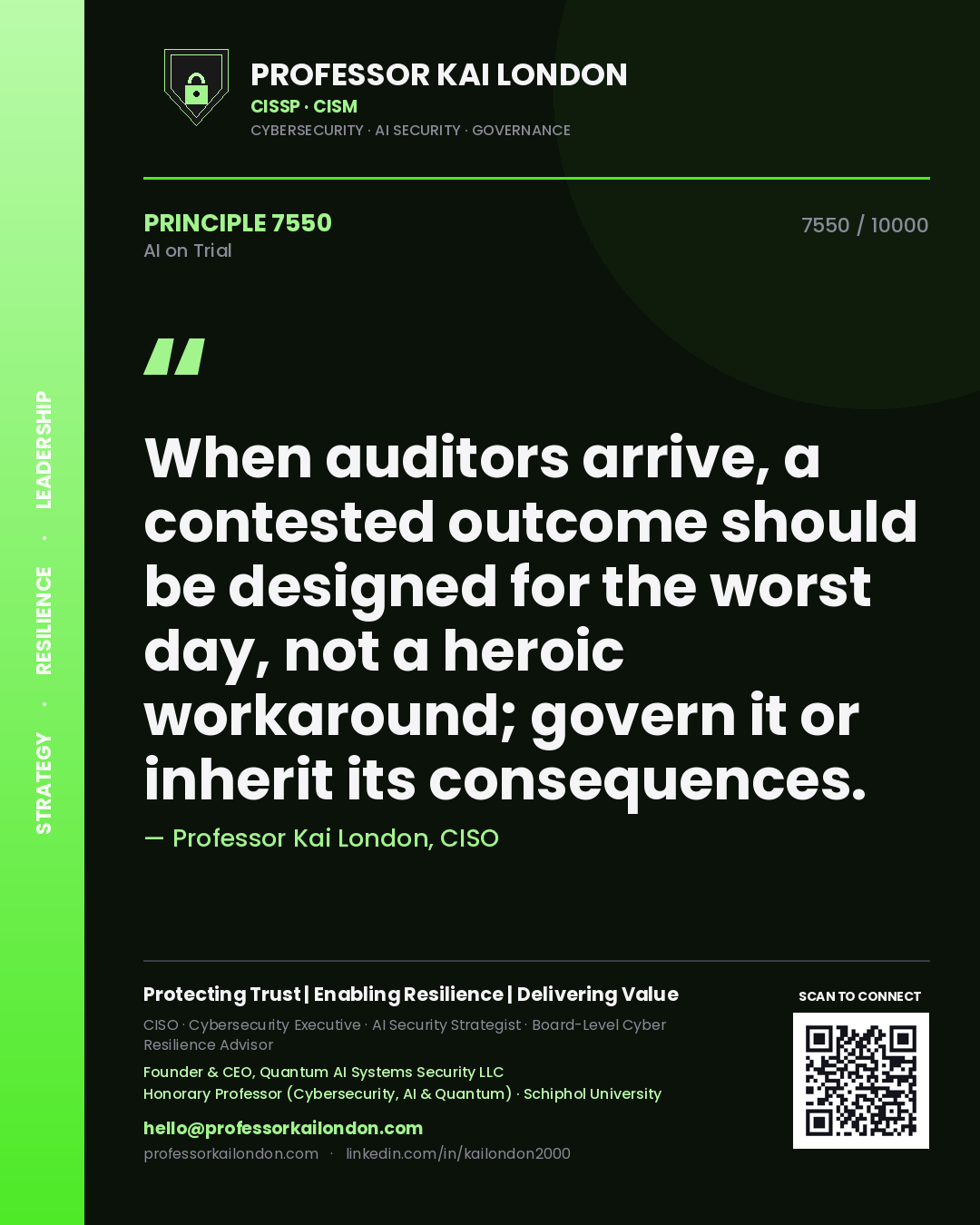 Professor Kai London principle 7550: When auditors arrive, a contested outcome should be designed for the worst day, not a heroic workaround; govern it or inherit its consequences.