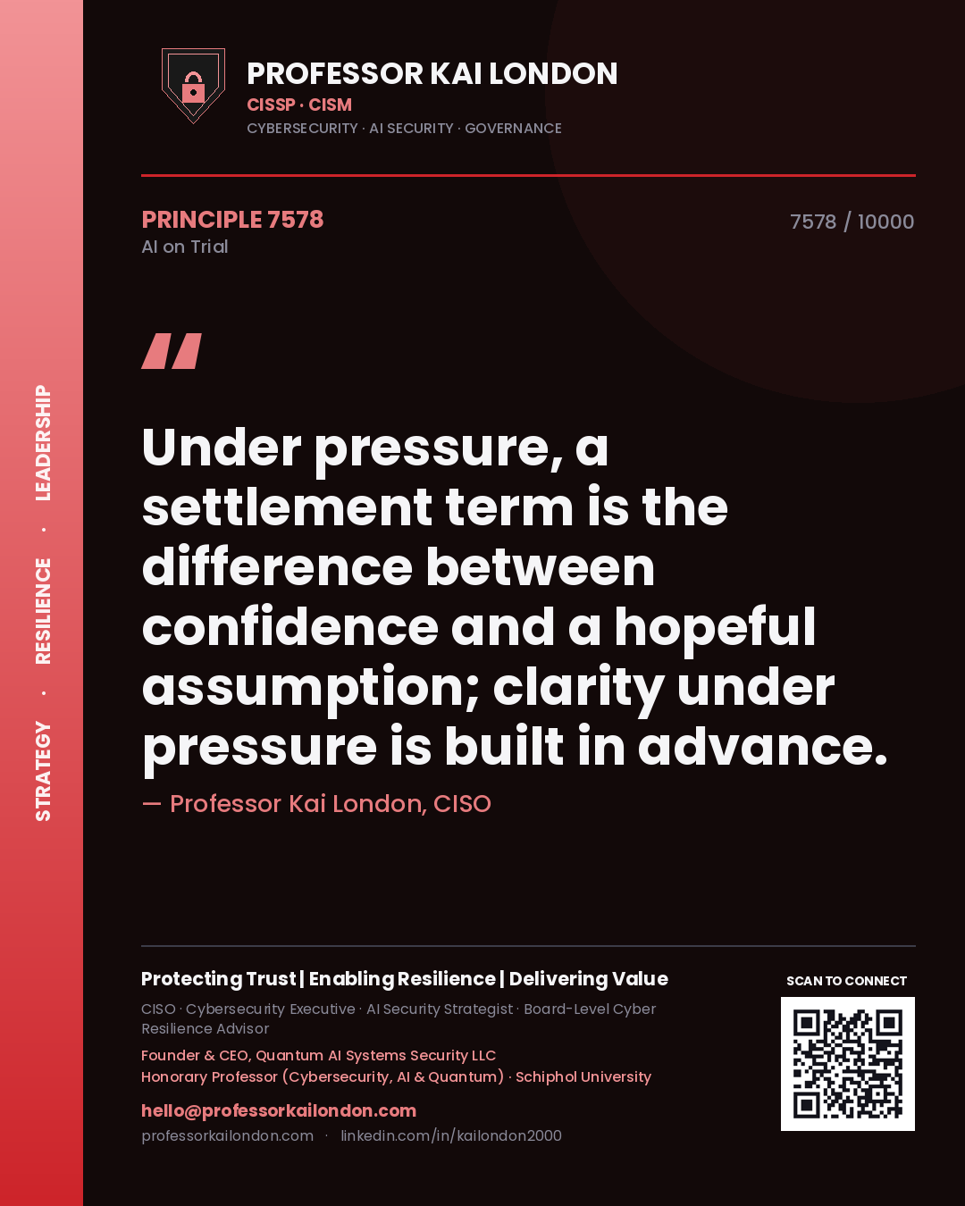 Professor Kai London principle 7578: Under pressure, a settlement term is the difference between confidence and a hopeful assumption; clarity under pressure is built in advance.