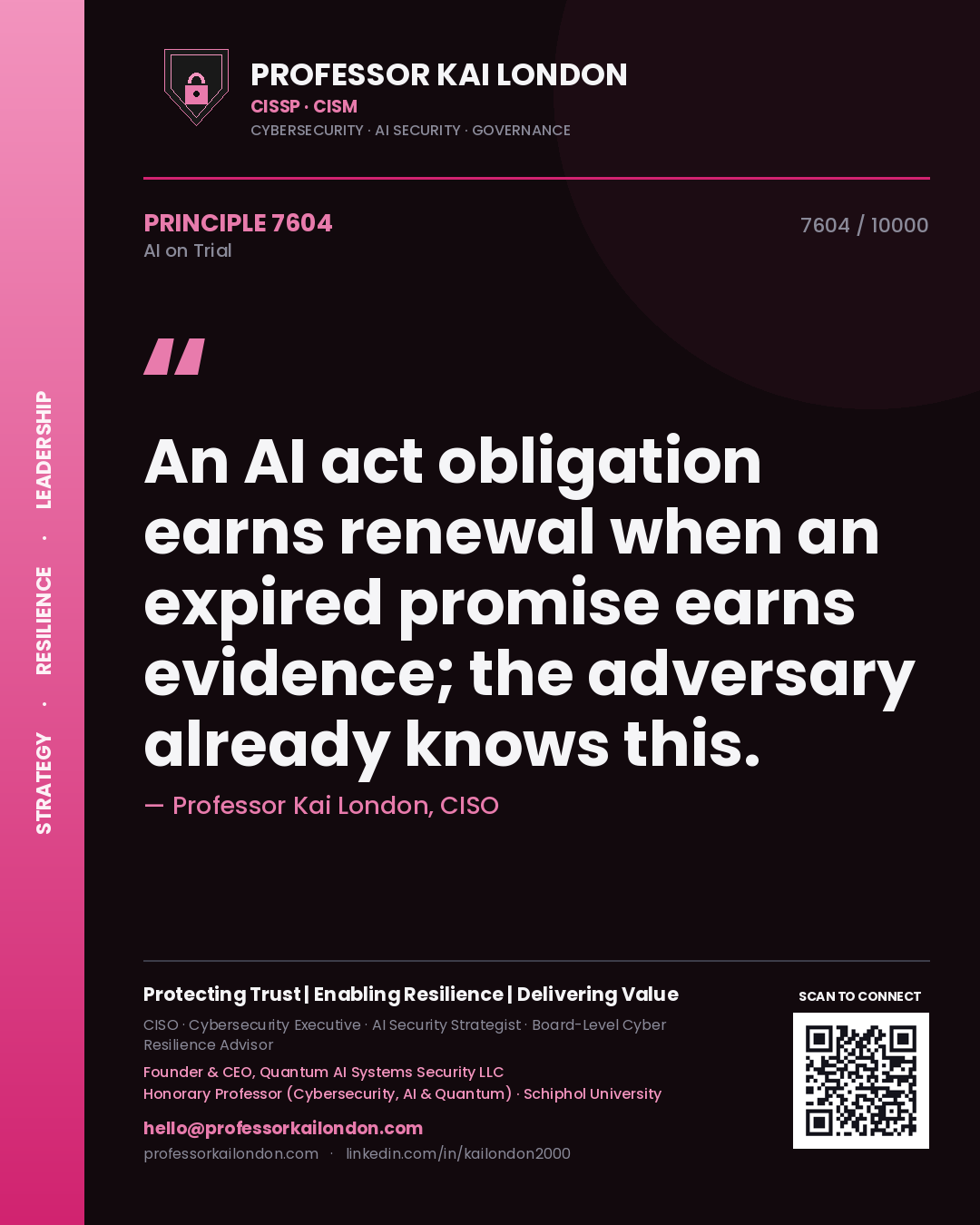 Quote card by Professor Kai London reading 'An AI act obligation earns renewal when an expired promise earns evidence; the adversary already knows this.'. From the book AI on Trial.