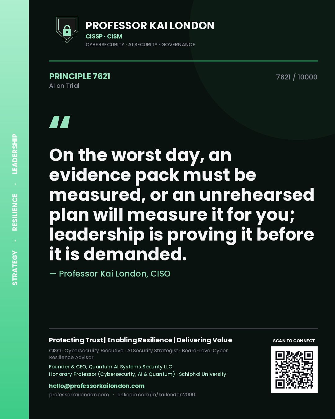 Quote card by Professor Kai London reading 'On the worst day, an evidence pack must be measured, or an unrehearsed plan will measure it for you; leadership is proving it before it is demanded.'. From the book AI on Trial.