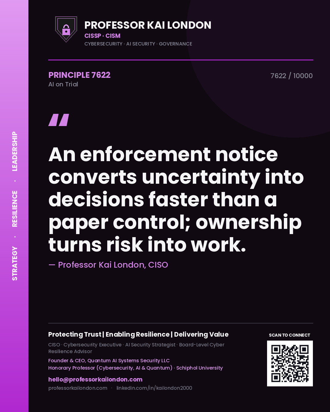 Quote card by Professor Kai London reading 'An enforcement notice converts uncertainty into decisions faster than a paper control; ownership turns risk into work.'. From the book AI on Trial.