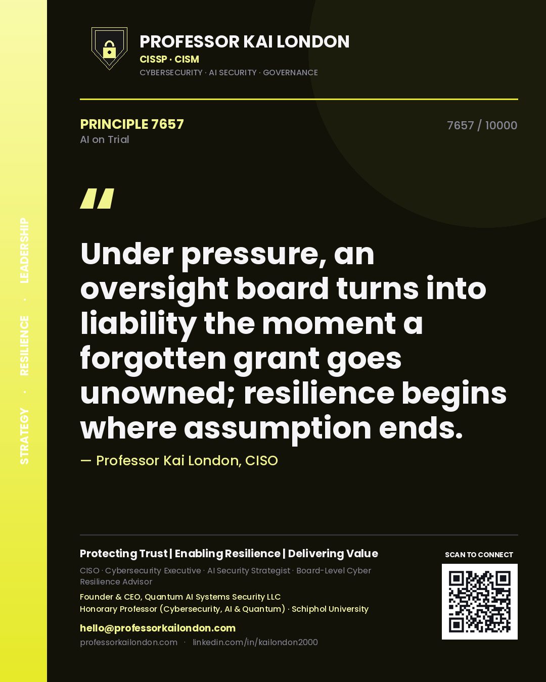 Quote card by Professor Kai London reading 'Under pressure, an oversight board turns into liability the moment a forgotten grant goes unowned; resilience begins where assumption ends.'. From the book AI on Trial.