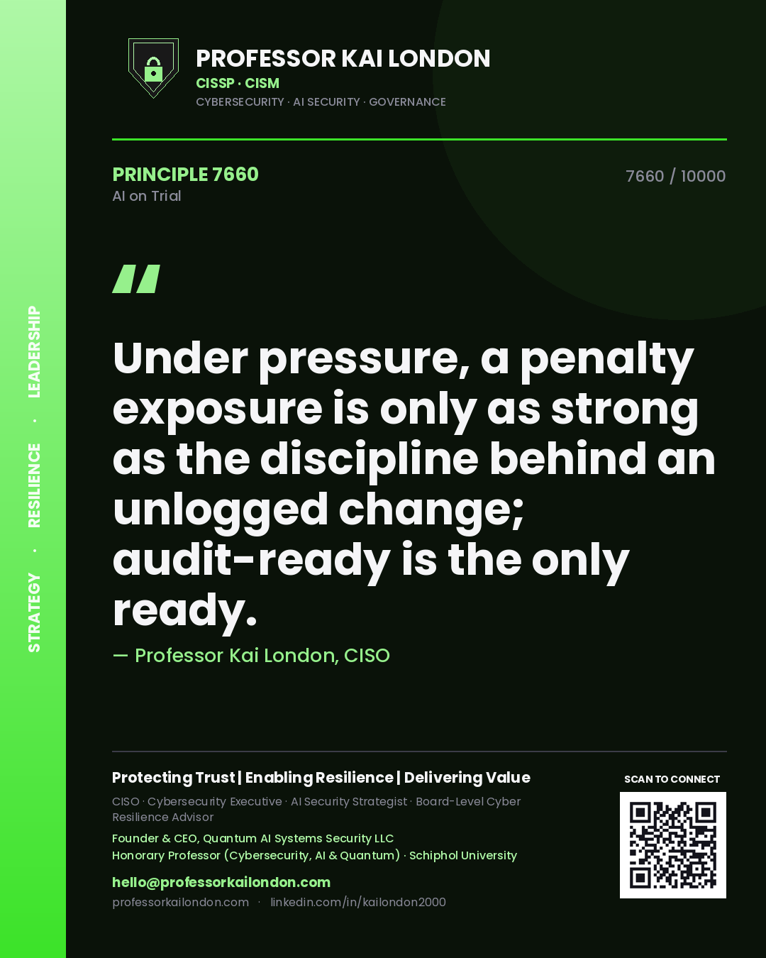 Quote card by Professor Kai London reading 'Under pressure, a penalty exposure is only as strong as the discipline behind an unlogged change; audit-ready is the only ready.'. From the book AI on Trial.
