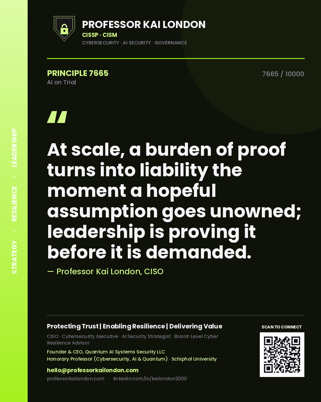 Quote card by Professor Kai London reading 'At scale, a burden of proof turns into liability the moment a hopeful assumption goes unowned; leadership is proving it before it is demanded.'. From the book AI on Trial.