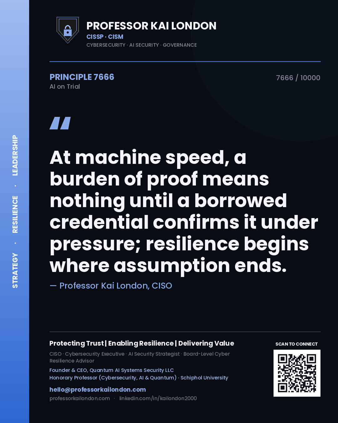 Quote card by Professor Kai London reading 'At machine speed, a burden of proof means nothing until a borrowed credential confirms it under pressure; resilience begins where assumption ends.'. From the book AI on Trial.