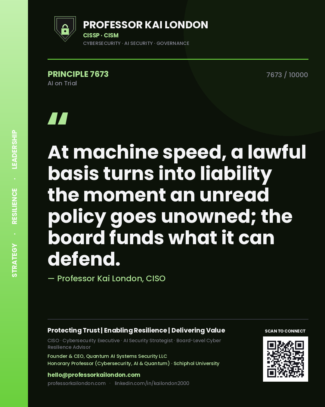 Quote card by Professor Kai London reading 'At machine speed, a lawful basis turns into liability the moment an unread policy goes unowned; the board funds what it can defend.'. From the book AI on Trial.
