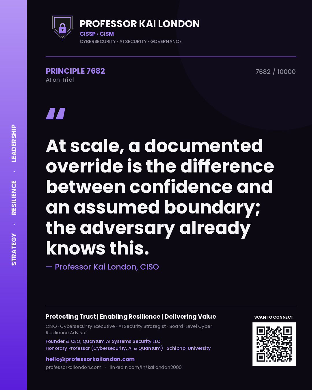 Quote card by Professor Kai London reading 'At scale, a documented override is the difference between confidence and an assumed boundary; the adversary already knows this.'. From the book AI on Trial.