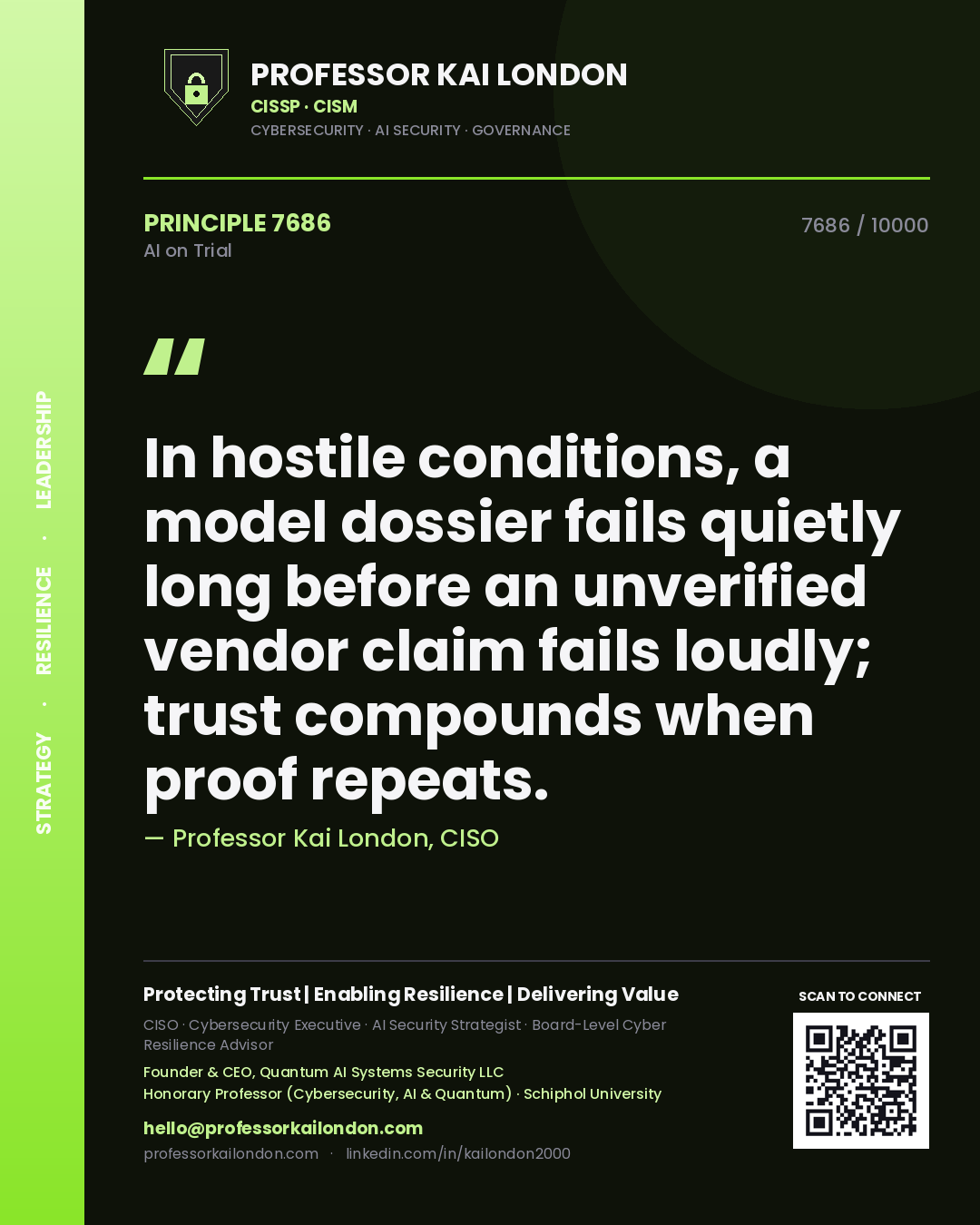 Quote card by Professor Kai London reading 'In hostile conditions, a model dossier fails quietly long before an unverified vendor claim fails loudly; trust compounds when proof repeats.'. From the book AI on Trial.