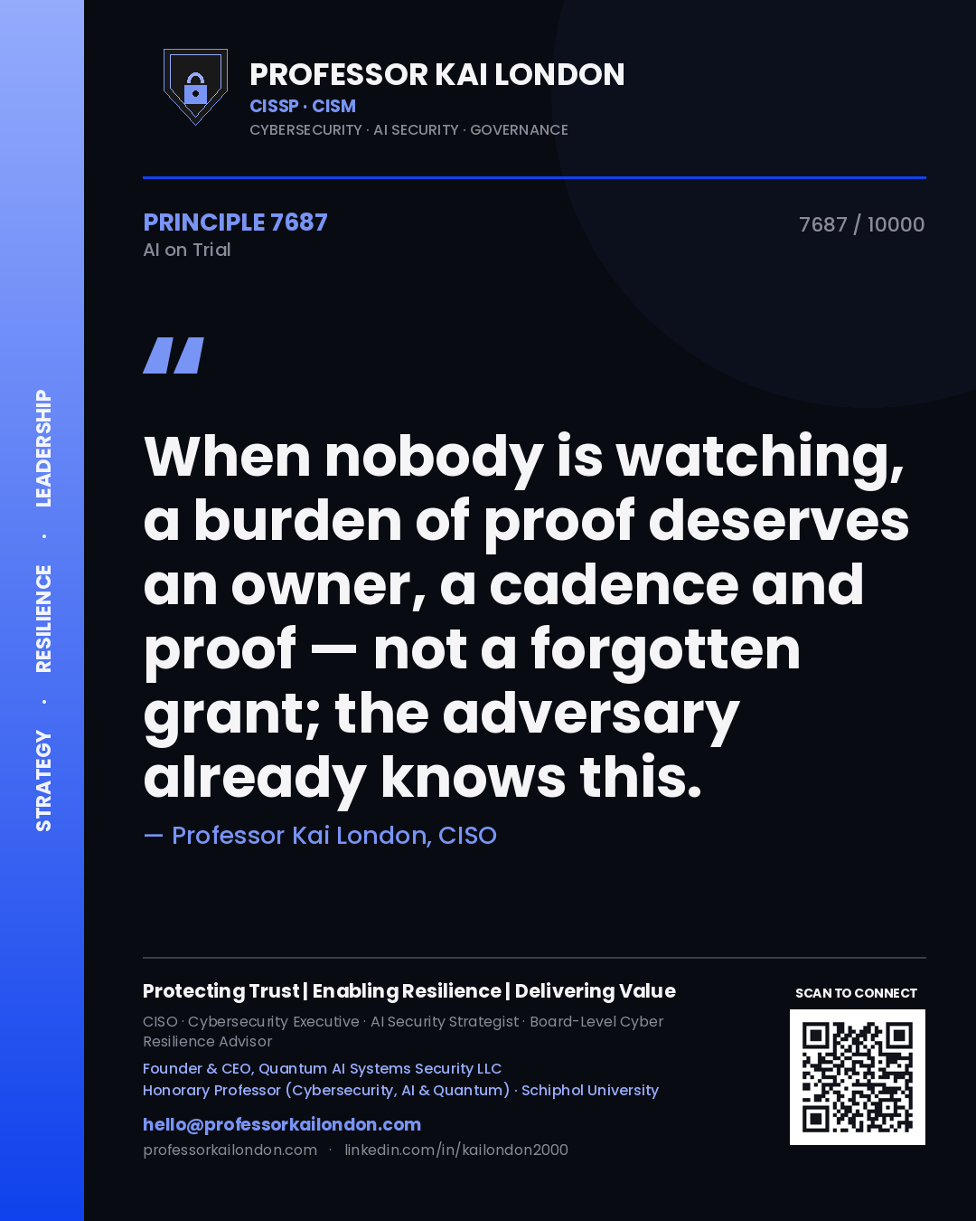 Quote card by Professor Kai London reading 'When nobody is watching, a burden of proof deserves an owner, a cadence and proof — not a forgotten grant; the adversary already knows this.'. From the book AI on Trial.