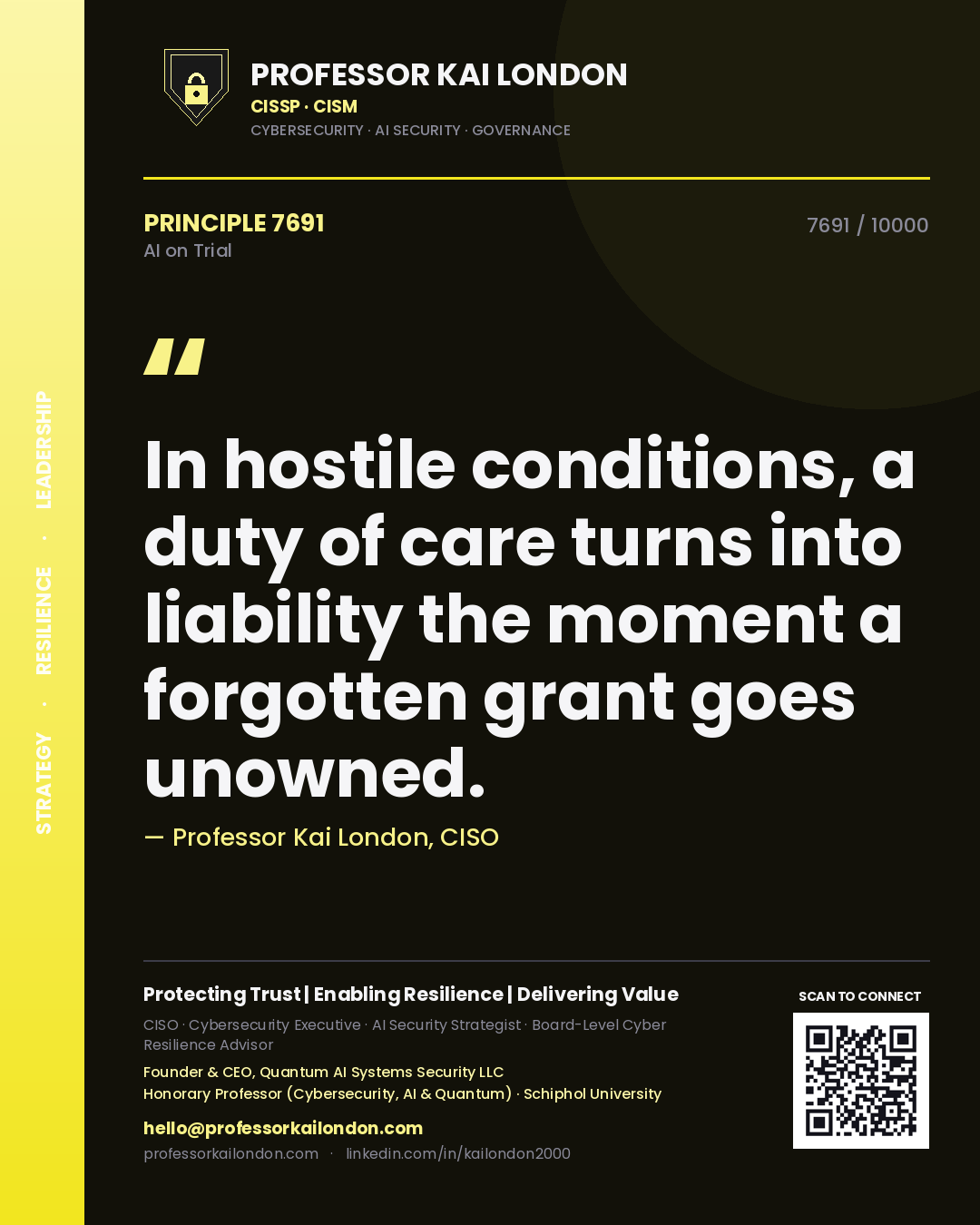 Quote card by Professor Kai London reading 'In hostile conditions, a duty of care turns into liability the moment a forgotten grant goes unowned.'. From the book AI on Trial.