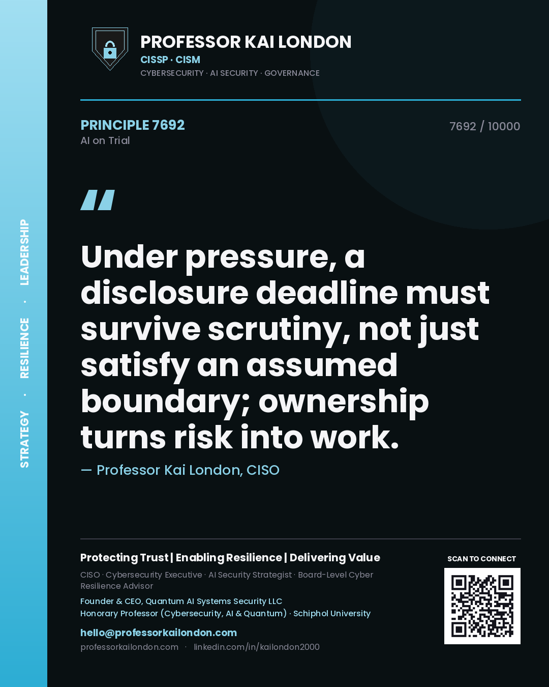 Quote card by Professor Kai London reading 'Under pressure, a disclosure deadline must survive scrutiny, not just satisfy an assumed boundary; ownership turns risk into work.'. From the book AI on Trial.