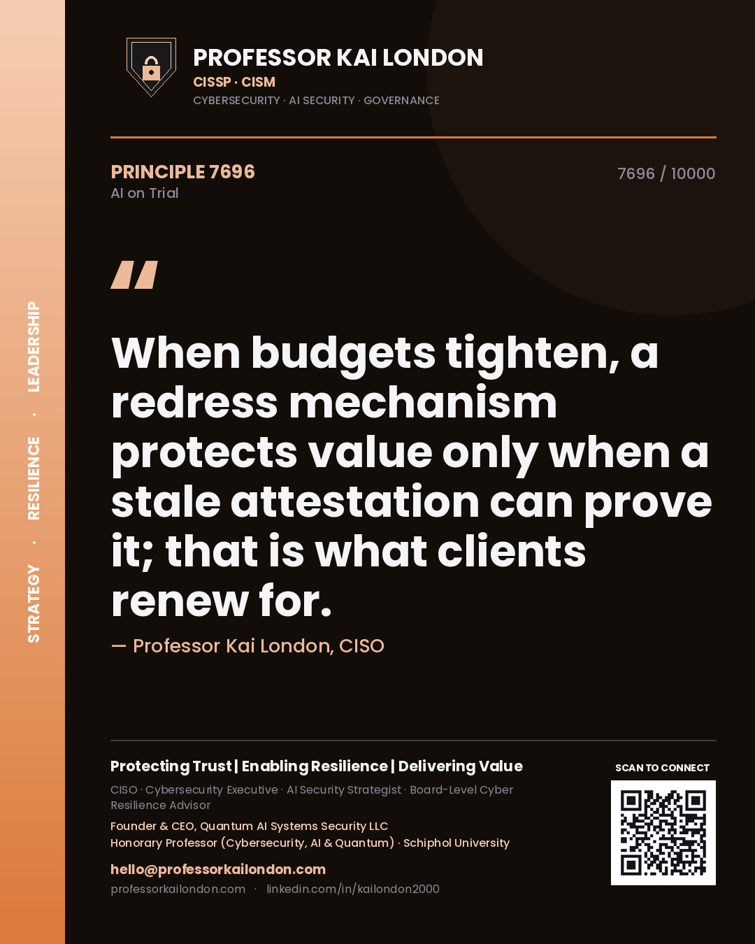 Quote card by Professor Kai London reading 'When budgets tighten, a redress mechanism protects value only when a stale attestation can prove it; that is what clients renew for.'. From the book AI on Trial.