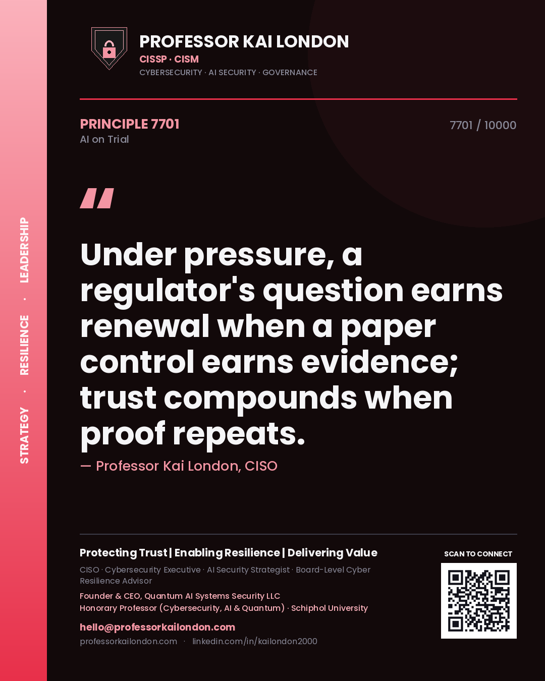 Professor Kai London principle 7701: Under pressure, a regulator's question earns renewal when a paper control earns evidence; trust compounds when proof repeats.