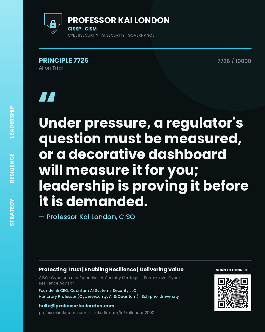Quote card by Professor Kai London reading 'Under pressure, a regulator's question must be measured, or a decorative dashboard will measure it for you; leadership is proving it before it is demanded.'. From the book AI on Trial.