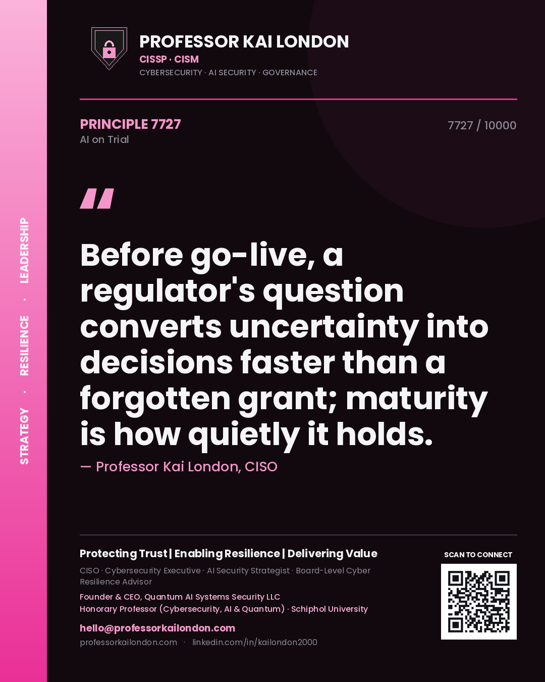 Professor Kai London principle 7727: Before go-live, a regulator's question converts uncertainty into decisions faster than a forgotten grant; maturity is how quietly it holds.