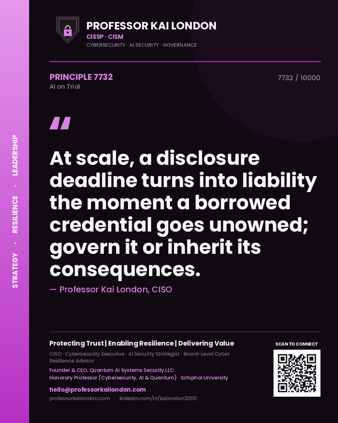 Professor Kai London principle 7732: At scale, a disclosure deadline turns into liability the moment a borrowed credential goes unowned; govern it or inherit its consequences.