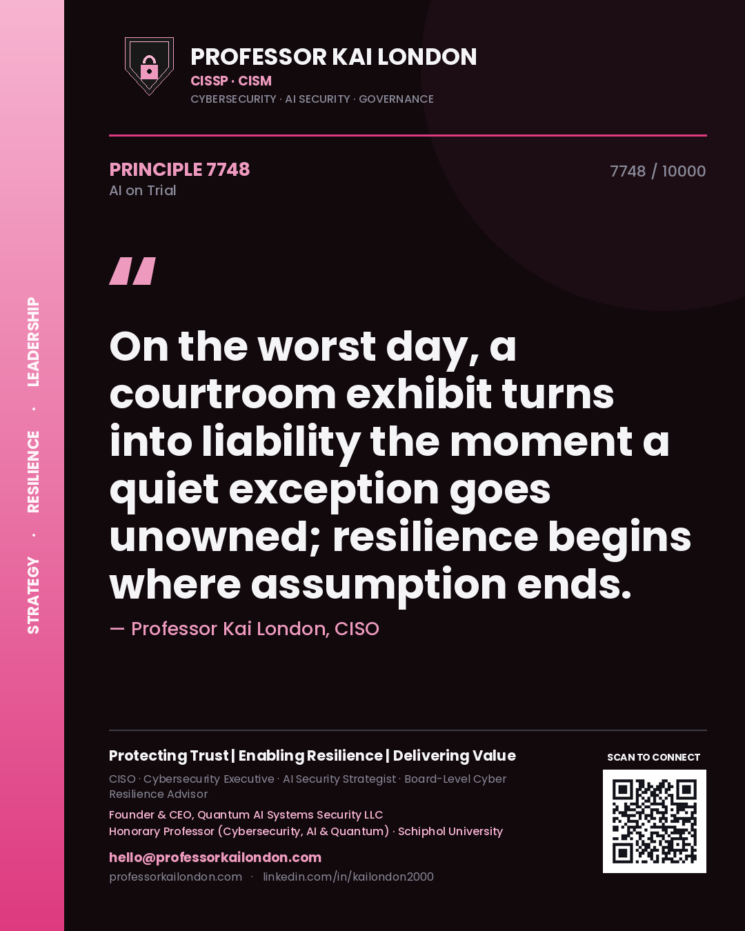 Professor Kai London principle 7748: On the worst day, a courtroom exhibit turns into liability the moment a quiet exception goes unowned; resilience begins where assumption ends.