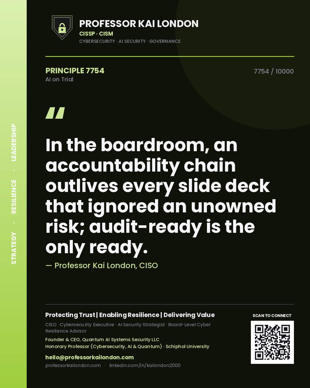 Quote card by Professor Kai London reading 'In the boardroom, an accountability chain outlives every slide deck that ignored an unowned risk; audit-ready is the only ready.'. From the book AI on Trial.