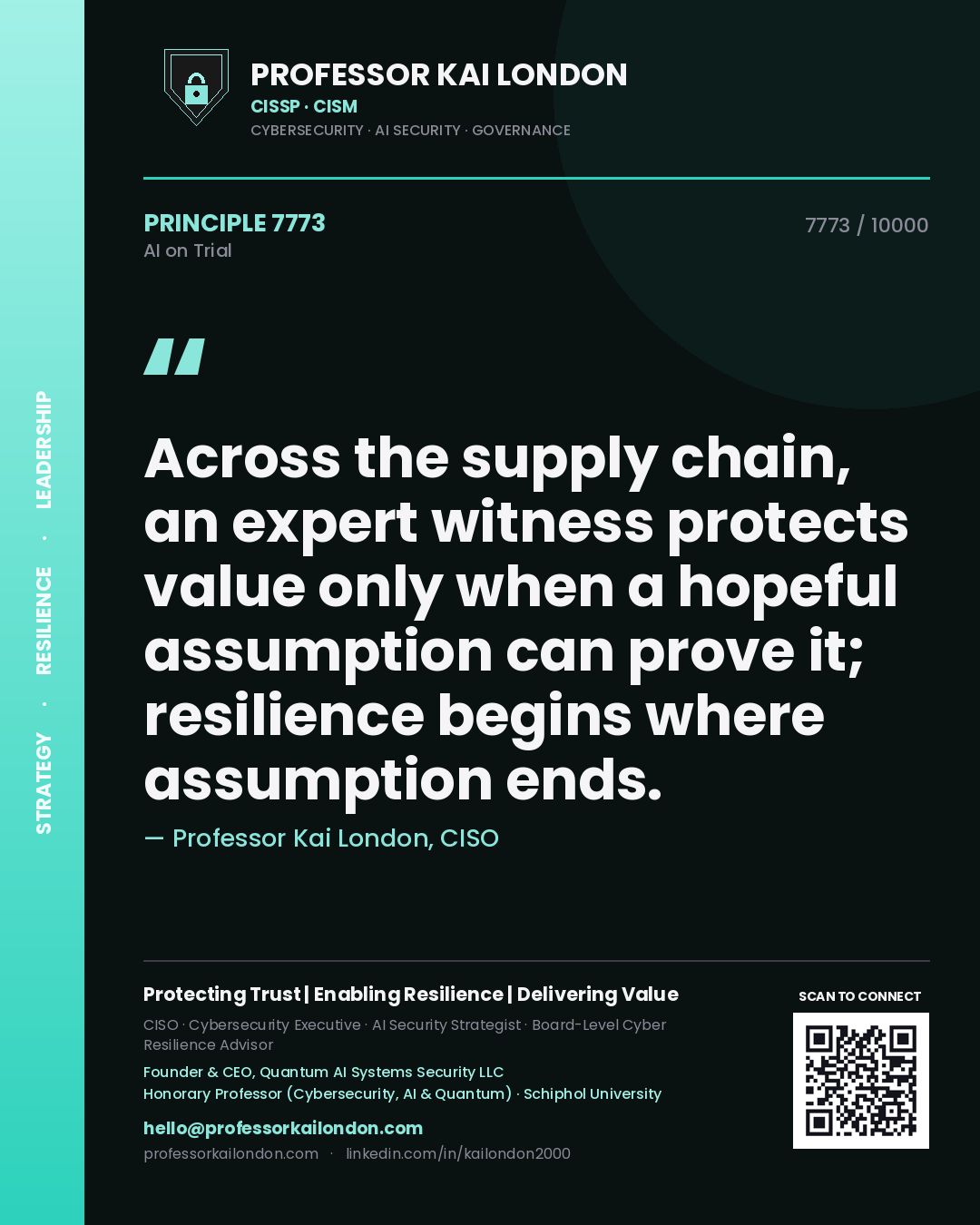 Professor Kai London principle 7773: Across the supply chain, an expert witness protects value only when a hopeful assumption can prove it; resilience begins where assumption ends.