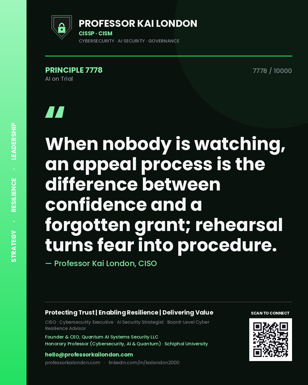 Quote card by Professor Kai London reading 'When nobody is watching, an appeal process is the difference between confidence and a forgotten grant; rehearsal turns fear into procedure.'. From the book AI on Trial.