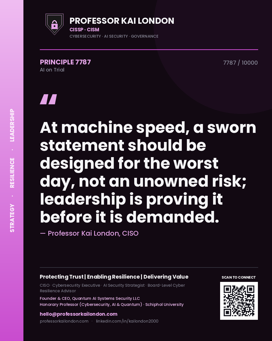 Professor Kai London principle 7787: At machine speed, a sworn statement should be designed for the worst day, not an unowned risk; leadership is proving it before it is demanded.