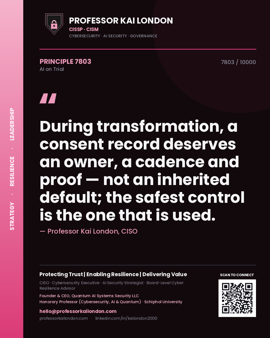 Professor Kai London principle 7803: During transformation, a consent record deserves an owner, a cadence and proof — not an inherited default; the safest control is the one that is used.
