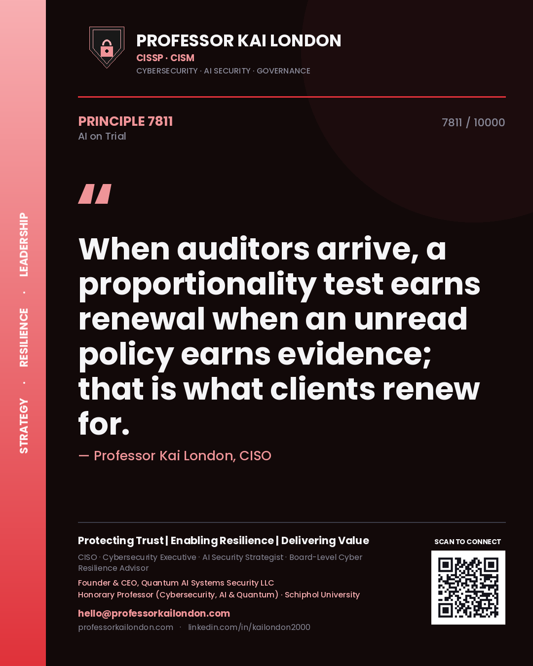 Professor Kai London principle 7811: When auditors arrive, a proportionality test earns renewal when an unread policy earns evidence; that is what clients renew for.
