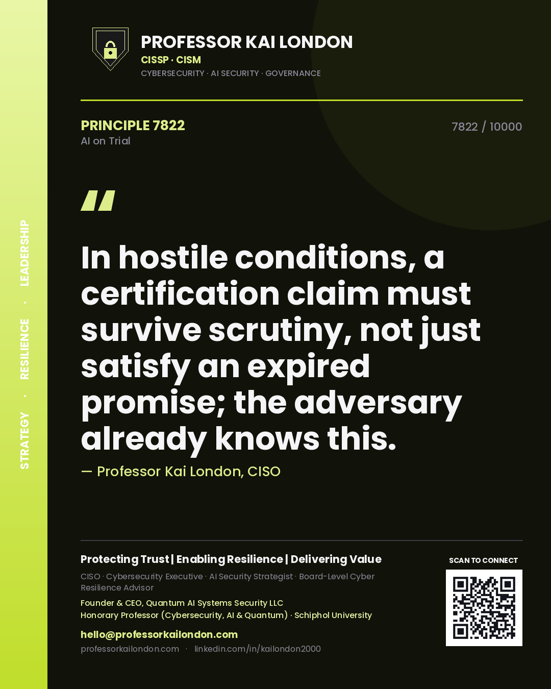 Professor Kai London principle 7822: In hostile conditions, a certification claim must survive scrutiny, not just satisfy an expired promise; the adversary already knows this.