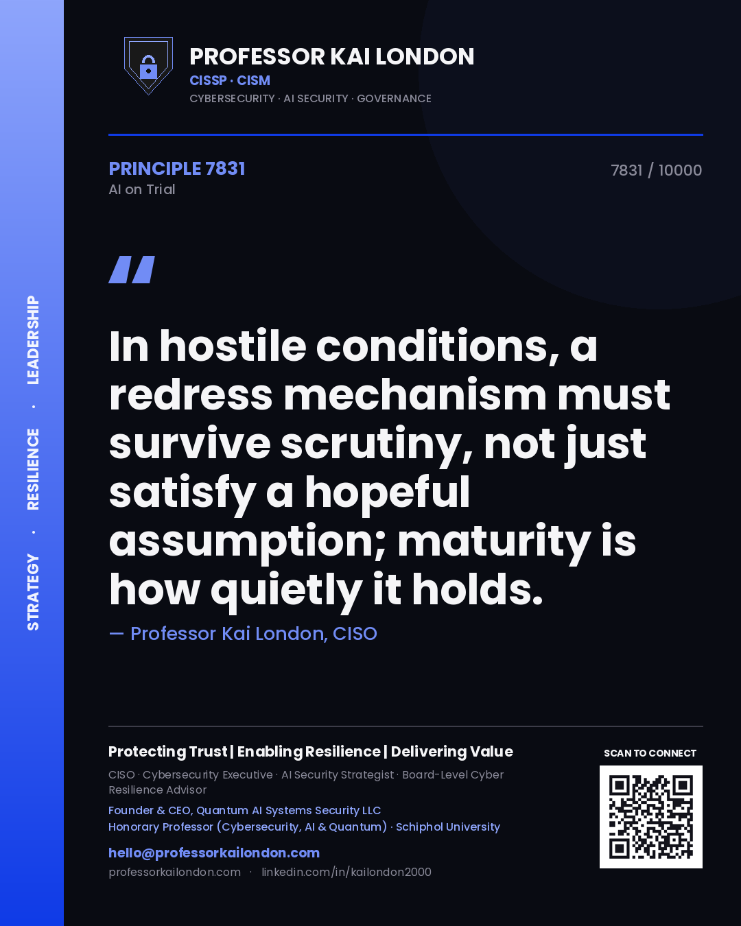 Professor Kai London principle 7831: In hostile conditions, a redress mechanism must survive scrutiny, not just satisfy a hopeful assumption; maturity is how quietly it holds.