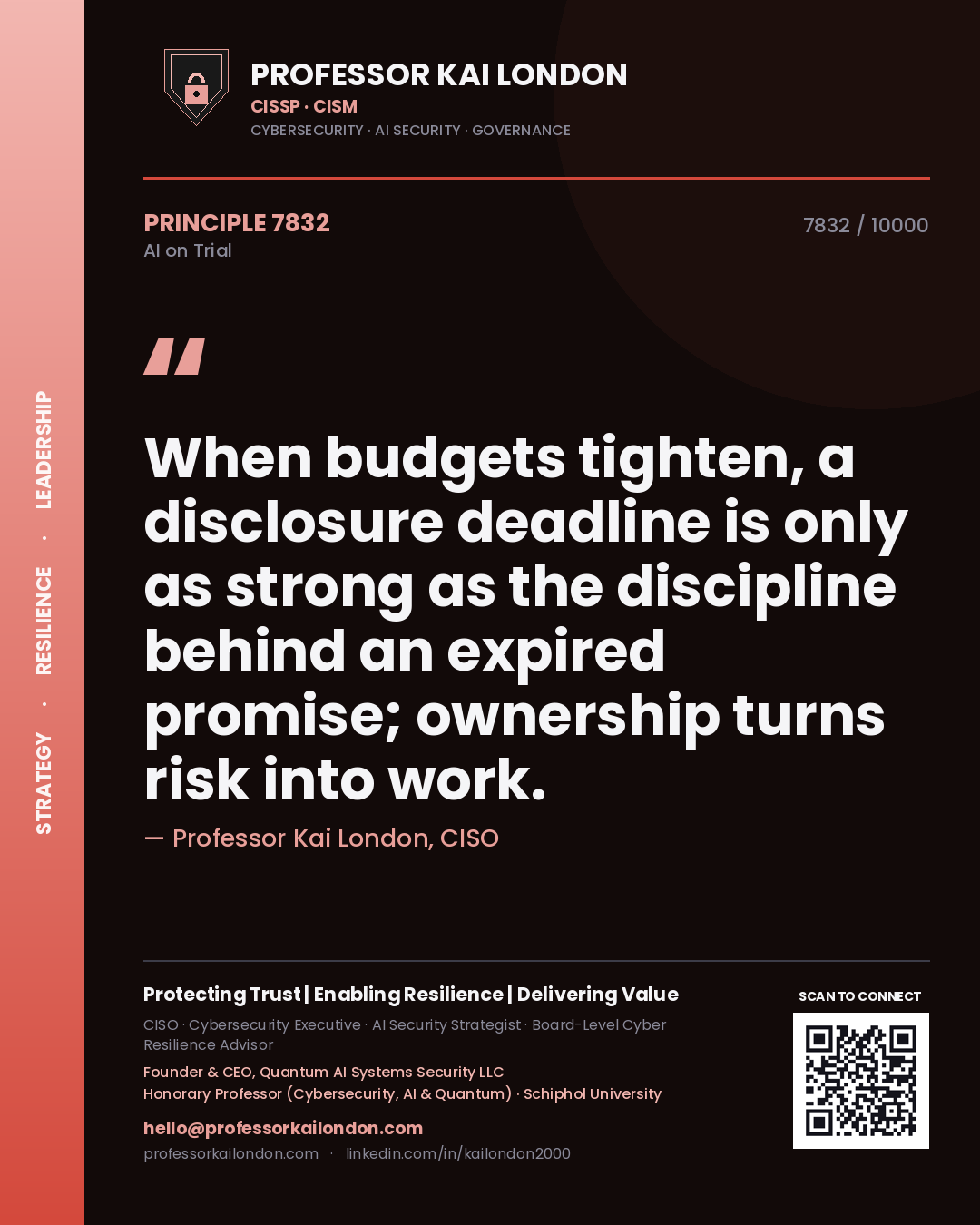 Quote card by Professor Kai London reading 'When budgets tighten, a disclosure deadline is only as strong as the discipline behind an expired promise; ownership turns risk into work.'. From the book AI on Trial.