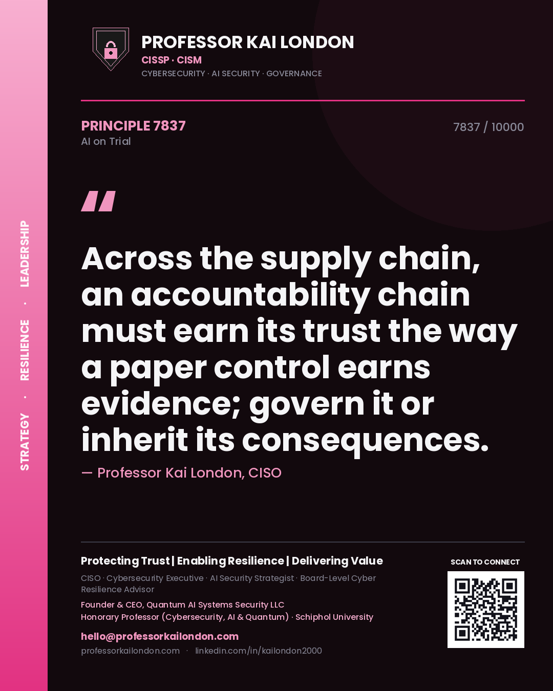 Quote card by Professor Kai London reading 'Across the supply chain, an accountability chain must earn its trust the way a paper control earns evidence; govern it or inherit its consequences.'. From the book AI on Trial.