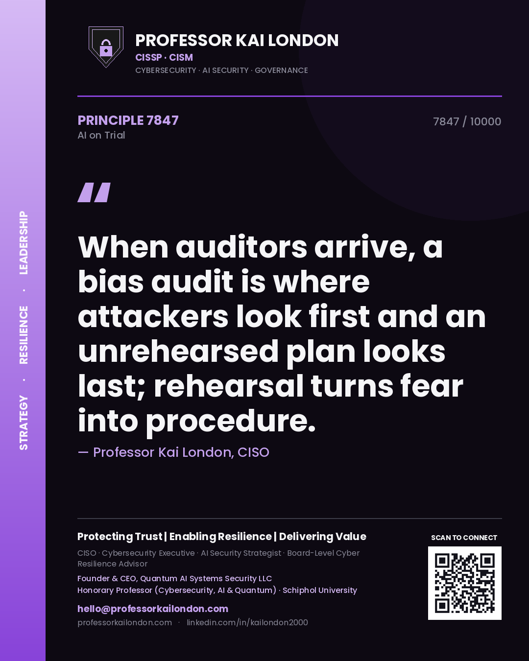 Professor Kai London principle 7847: When auditors arrive, a bias audit is where attackers look first and an unrehearsed plan looks last; rehearsal turns fear into procedure.
