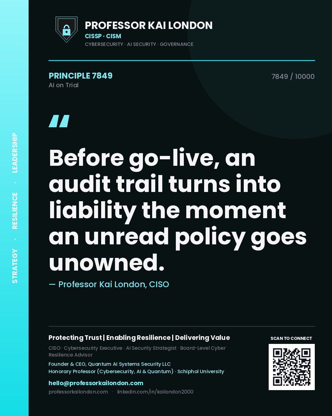 Professor Kai London principle 7849: Before go-live, an audit trail turns into liability the moment an unread policy goes unowned.