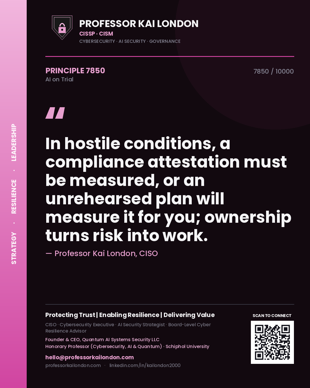 Professor Kai London principle 7850: In hostile conditions, a compliance attestation must be measured, or an unrehearsed plan will measure it for you; ownership turns risk into work.