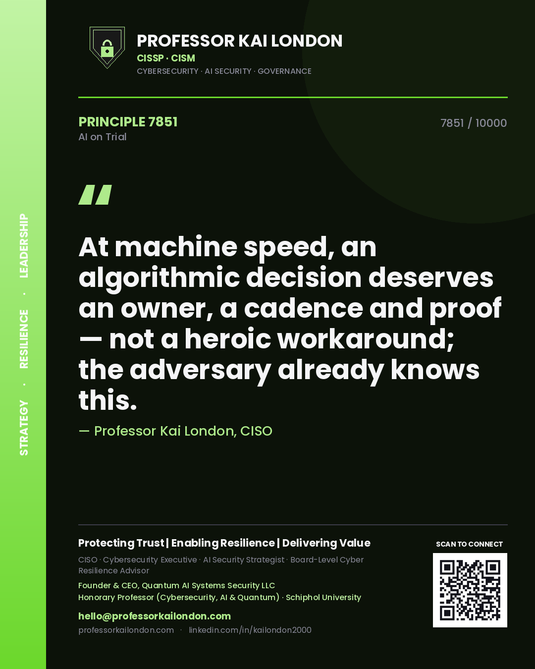 Professor Kai London principle 7851: At machine speed, an algorithmic decision deserves an owner, a cadence and proof — not a heroic workaround; the adversary already knows this.