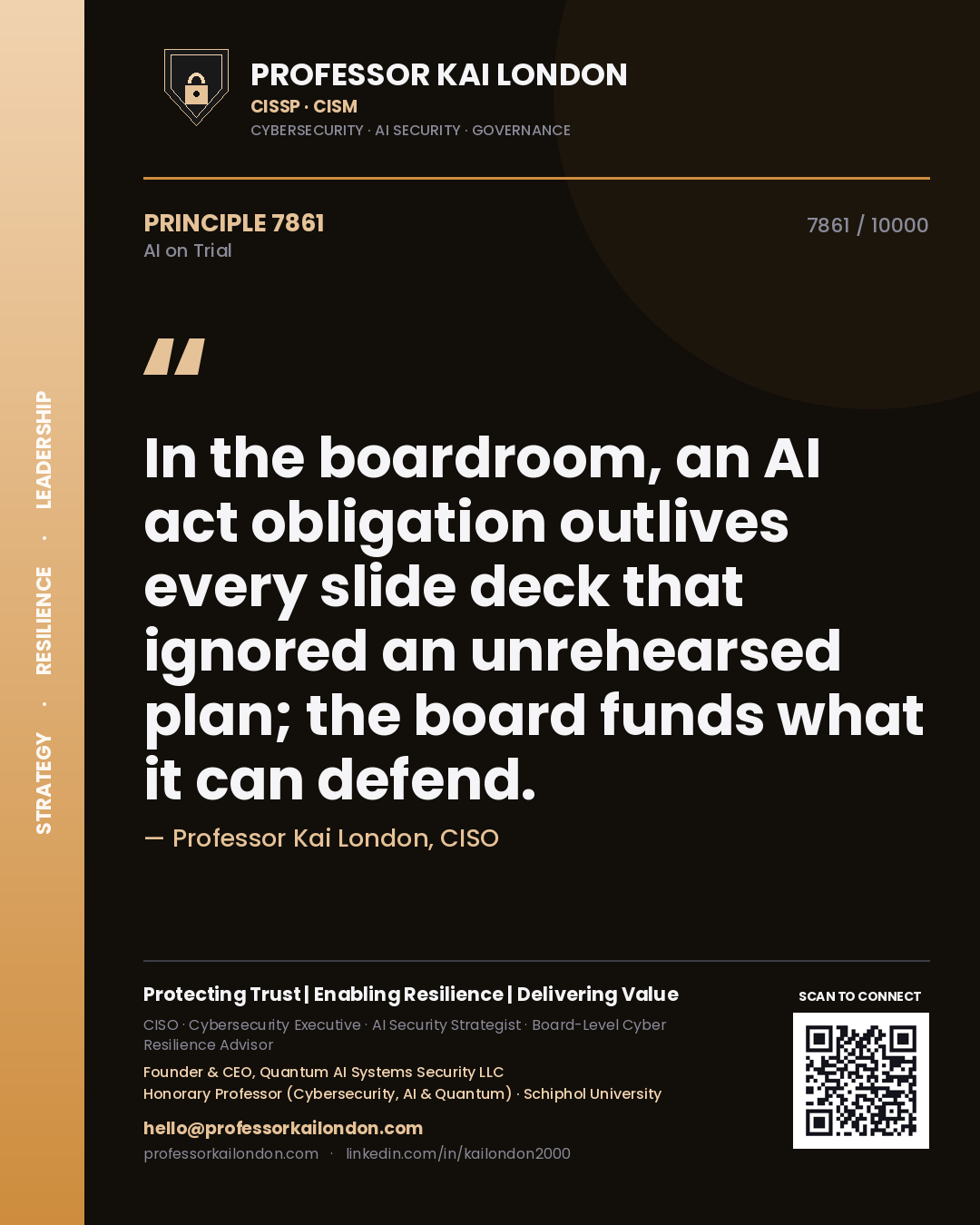 Professor Kai London principle 7861: In the boardroom, an AI act obligation outlives every slide deck that ignored an unrehearsed plan; the board funds what it can defend.
