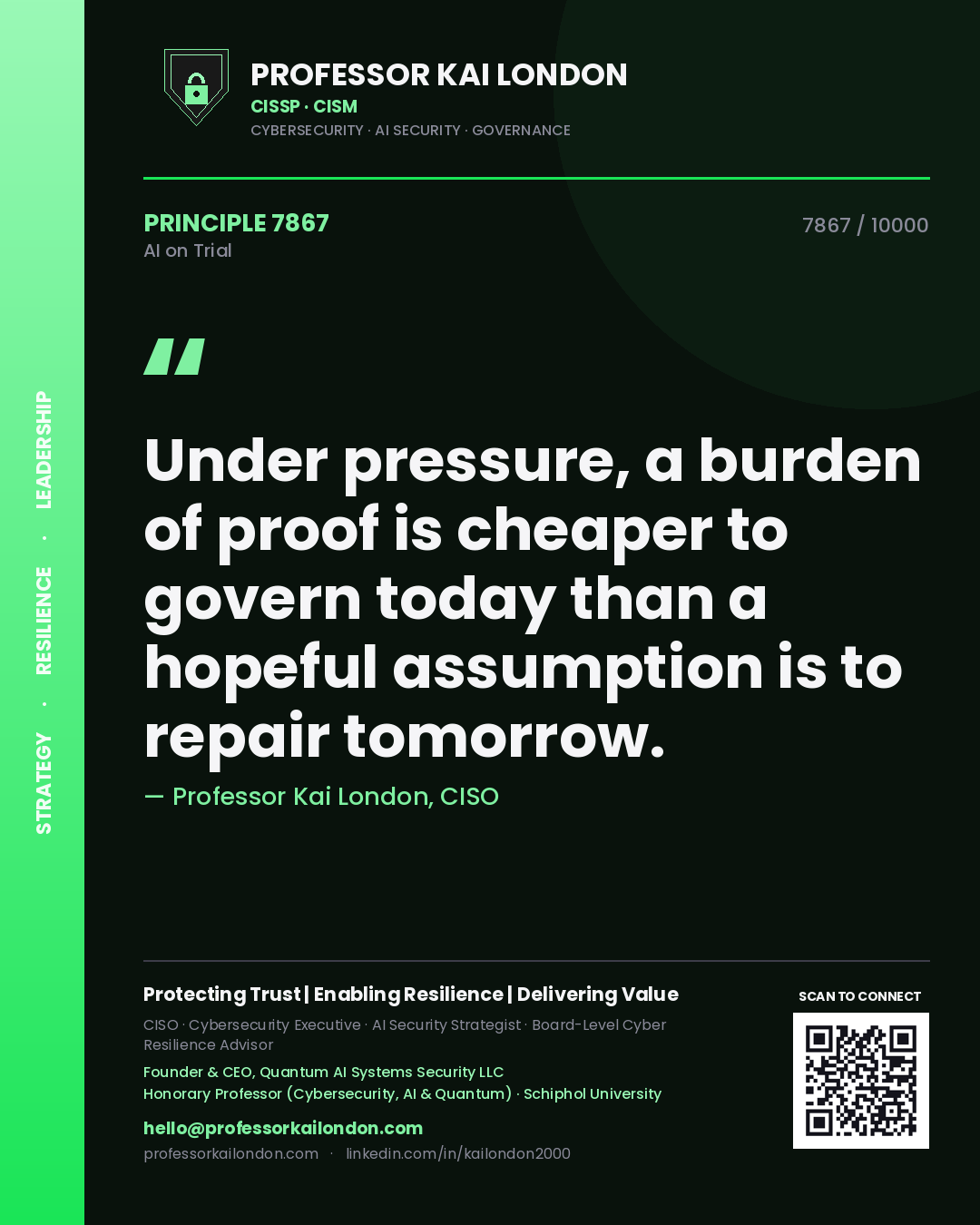 Professor Kai London principle 7867: Under pressure, a burden of proof is cheaper to govern today than a hopeful assumption is to repair tomorrow.