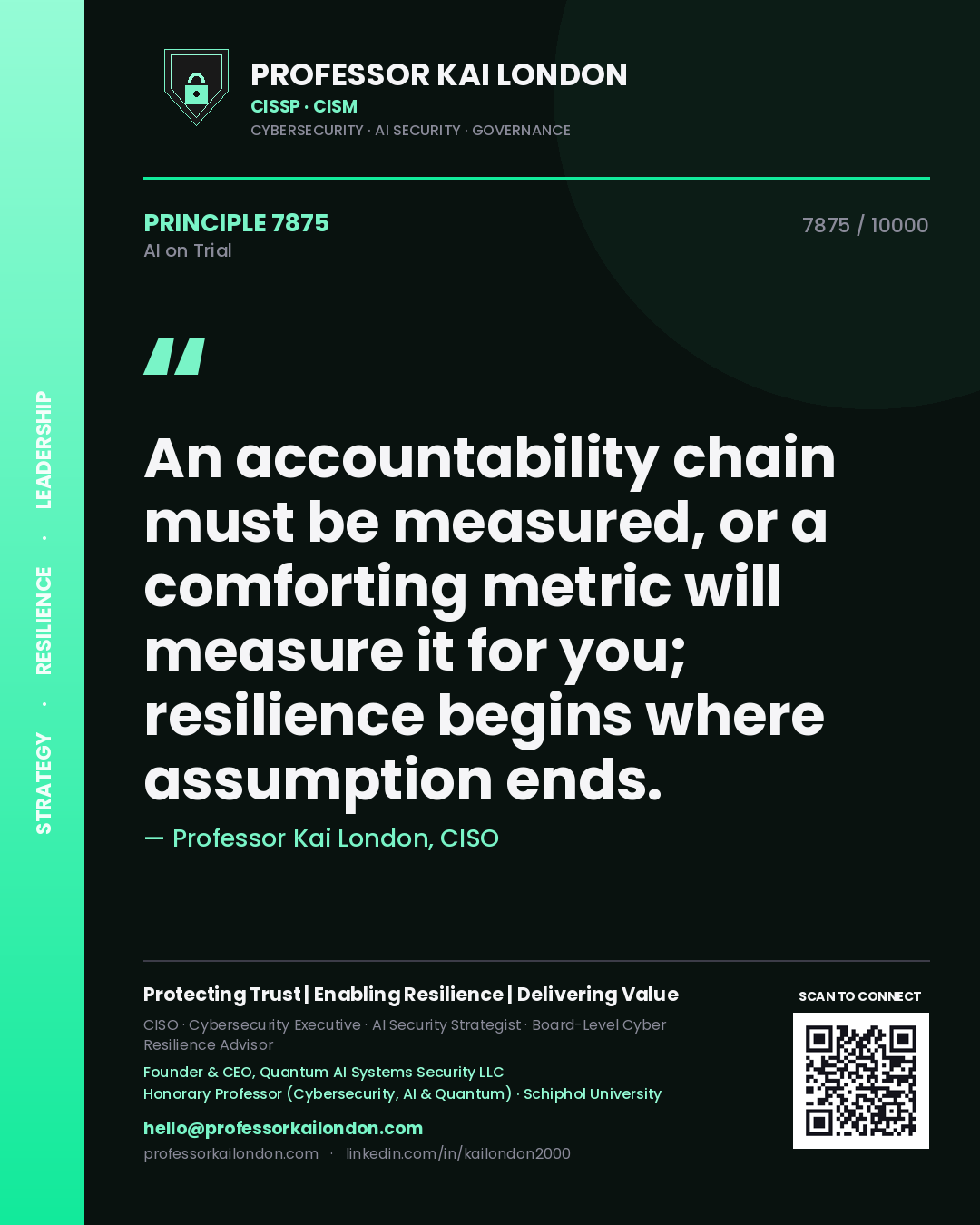 Quote card by Professor Kai London reading 'An accountability chain must be measured, or a comforting metric will measure it for you; resilience begins where assumption ends.'. From the book AI on Trial.