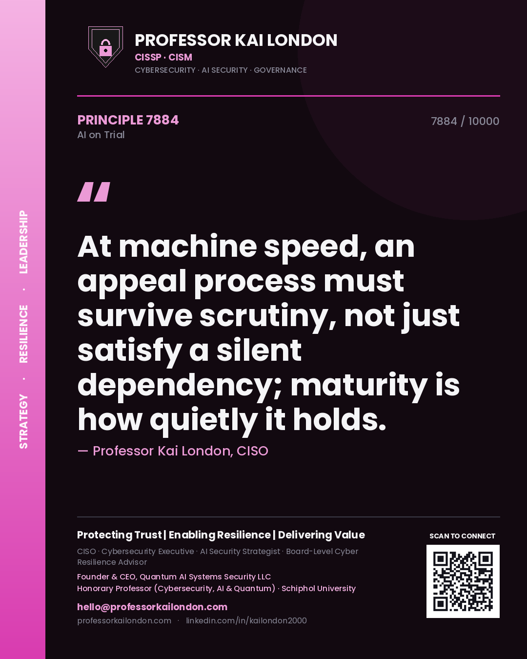 Quote card by Professor Kai London reading 'At machine speed, an appeal process must survive scrutiny, not just satisfy a silent dependency; maturity is how quietly it holds.'. From the book AI on Trial.