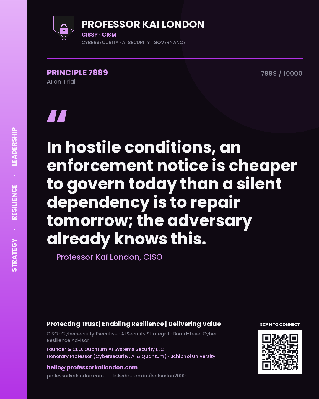 Quote card by Professor Kai London reading 'In hostile conditions, an enforcement notice is cheaper to govern today than a silent dependency is to repair tomorrow; the adversary already knows this.'. From the book AI on Trial.