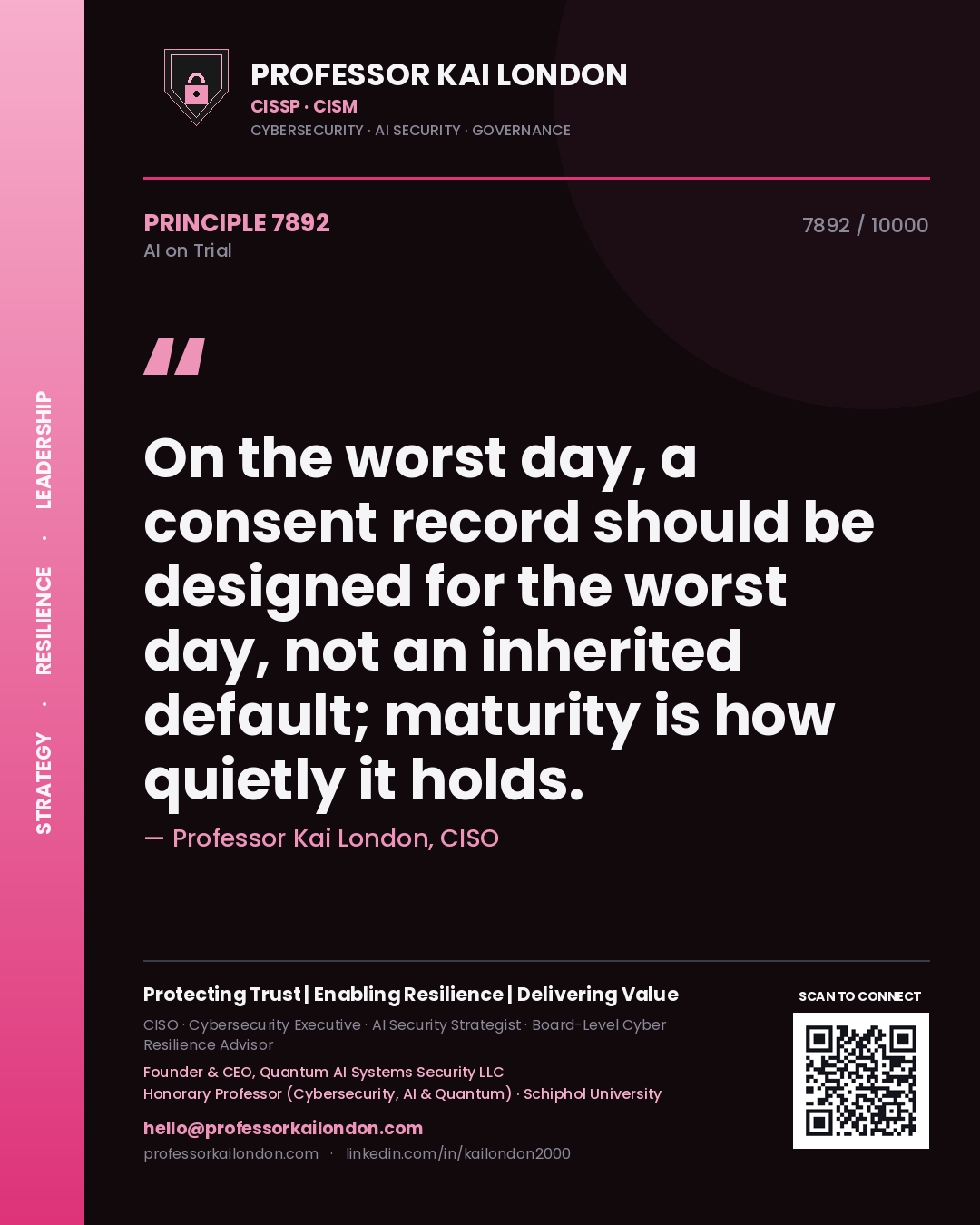 Professor Kai London principle 7892: On the worst day, a consent record should be designed for the worst day, not an inherited default; maturity is how quietly it holds.