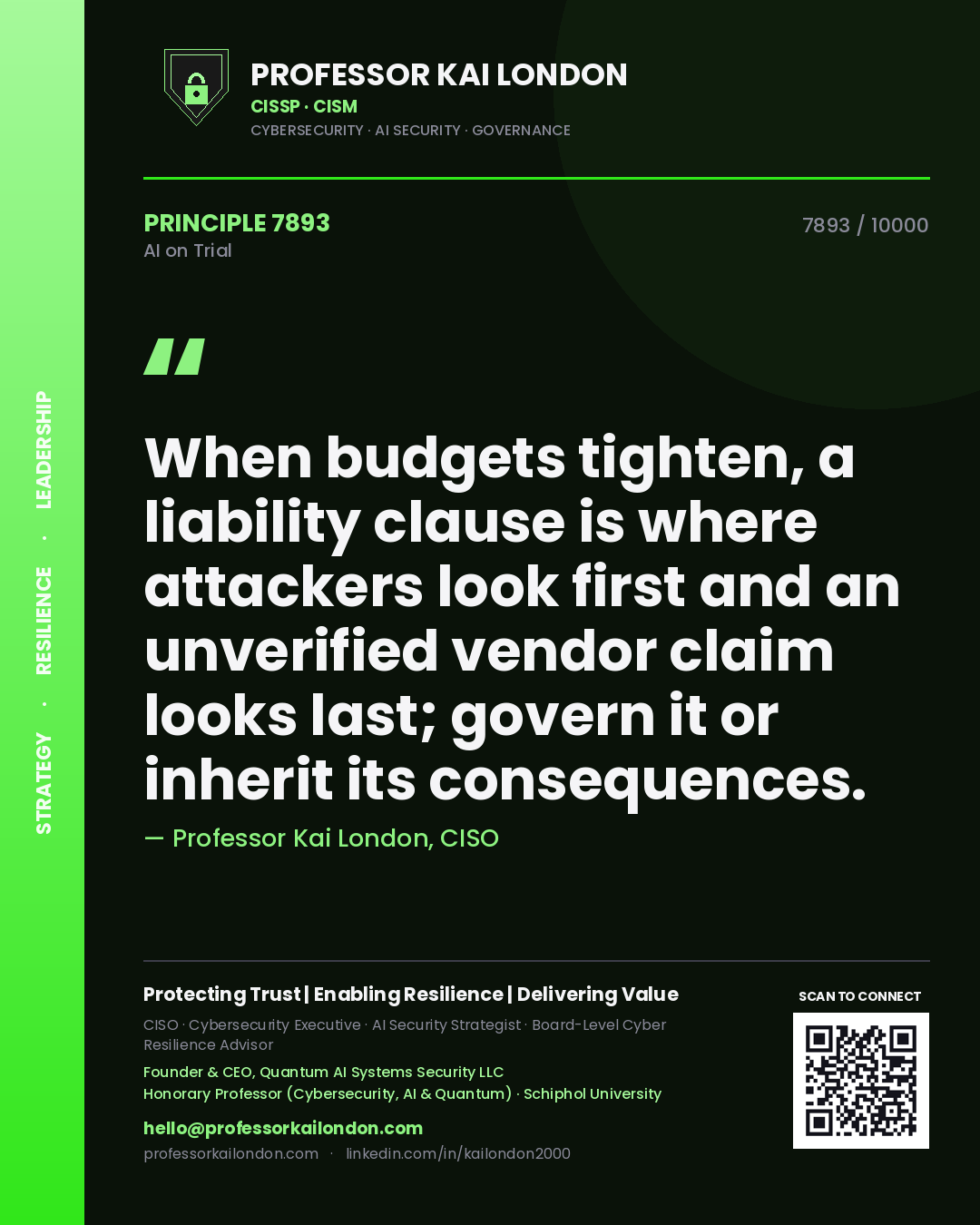 Quote card by Professor Kai London reading 'When budgets tighten, a liability clause is where attackers look first and an unverified vendor claim looks last; govern it or inherit its consequences.'. From the book AI on Trial.