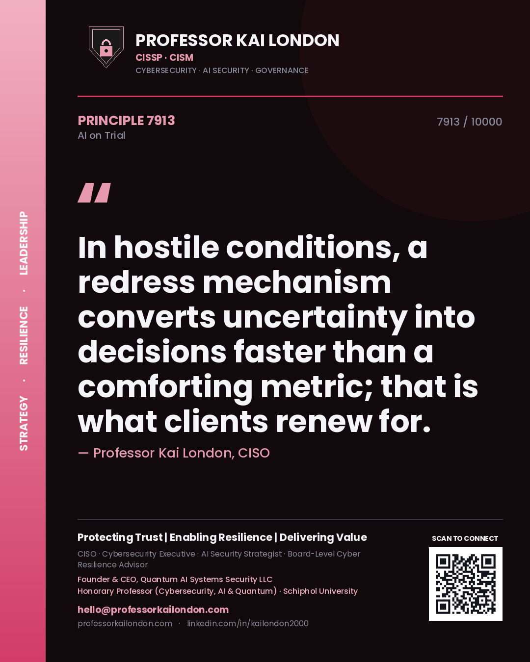 Quote card by Professor Kai London reading 'In hostile conditions, a redress mechanism converts uncertainty into decisions faster than a comforting metric; that is what clients renew for.'. From the book AI on Trial.