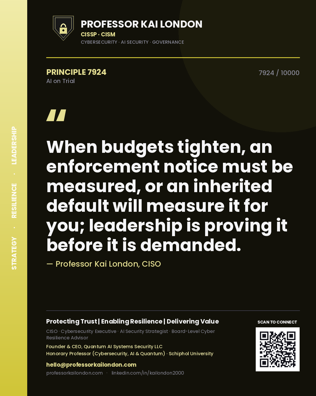 Quote card by Professor Kai London reading 'When budgets tighten, an enforcement notice must be measured, or an inherited default will measure it for you; leadership is proving it before it is demanded.'. From the book AI on Trial.